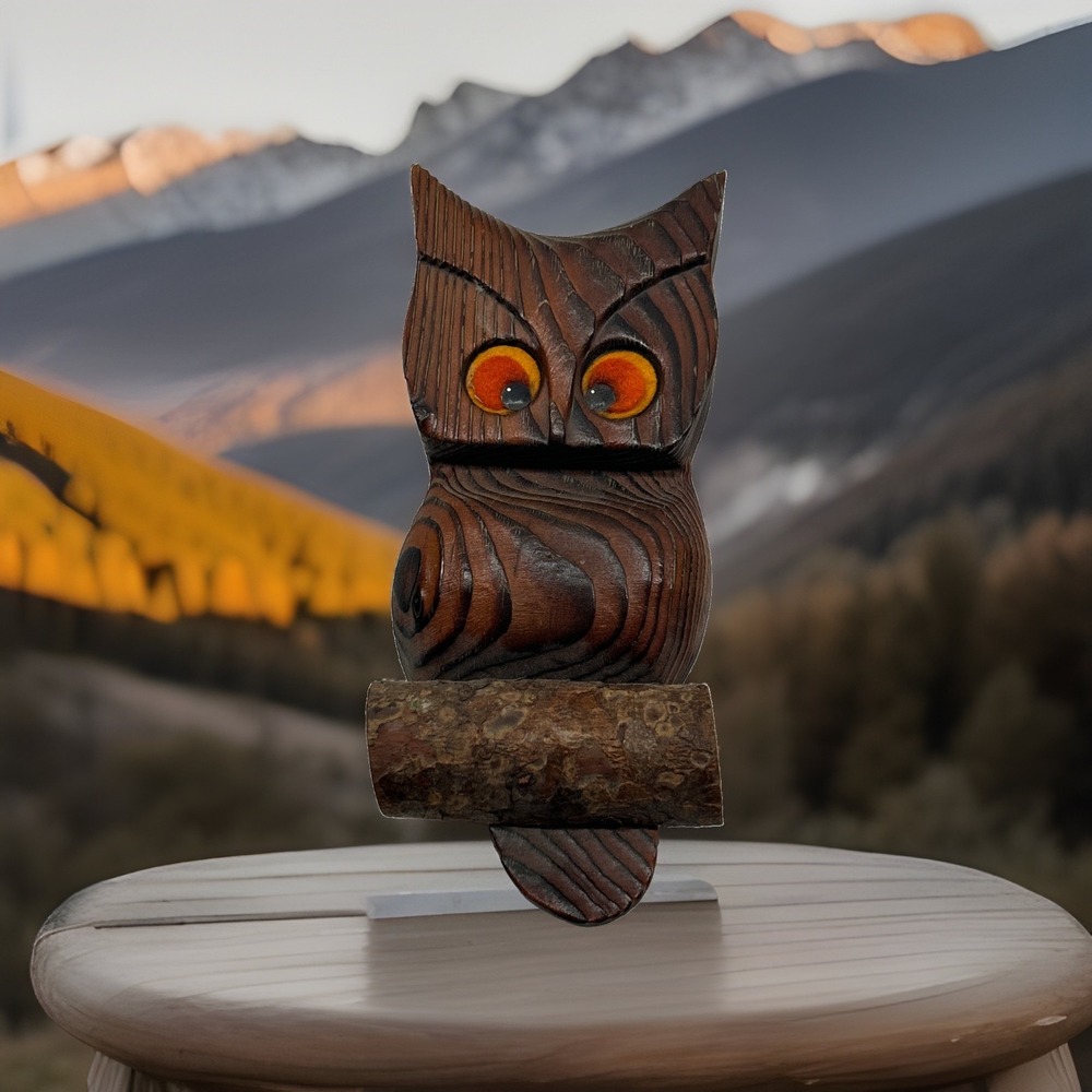 Vtg Mid-century Big Eyed Owl Carved Wood Owl Tiki Retro Witco Style 10"